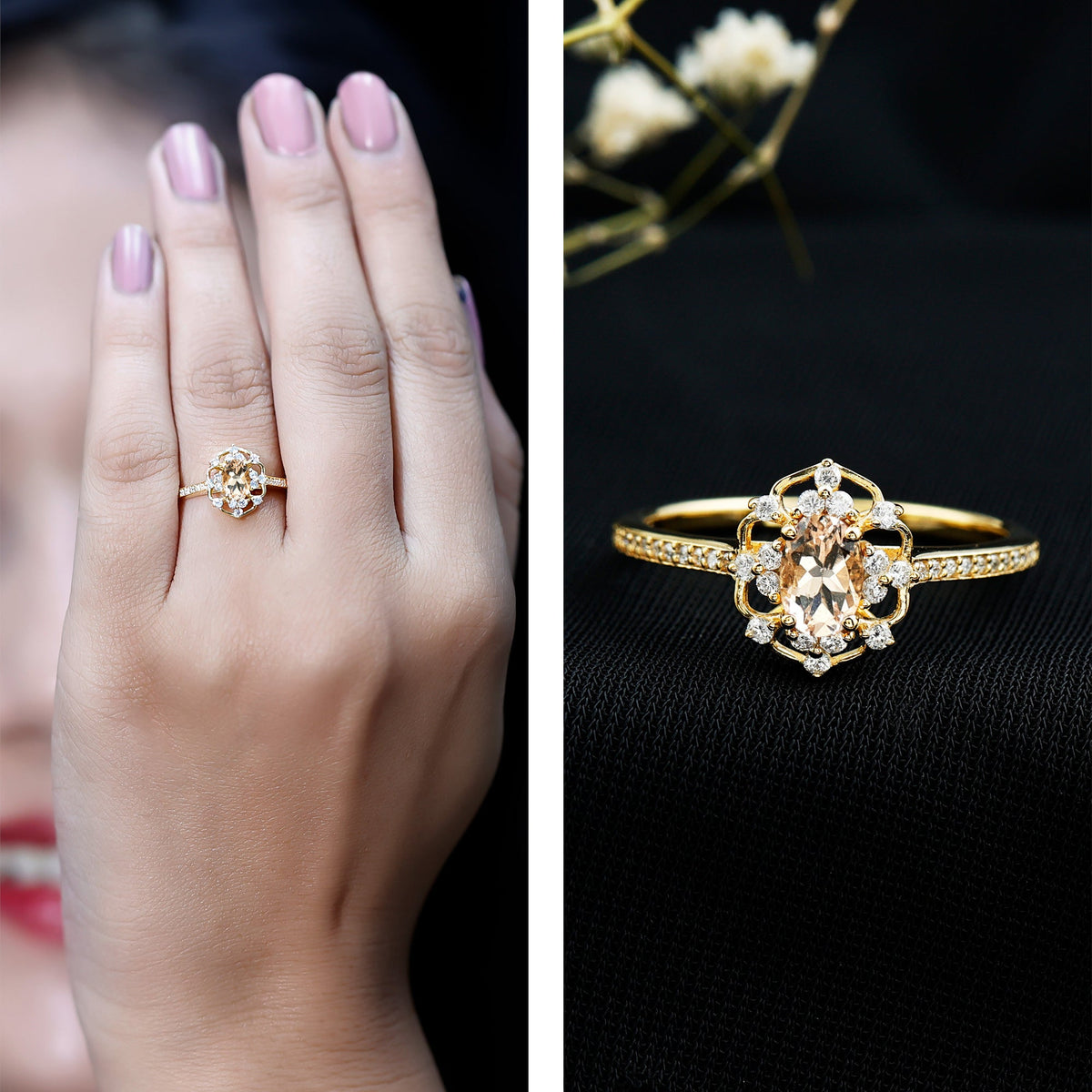 Vintage Inspired Morganite Engagement Ring with Diamonds