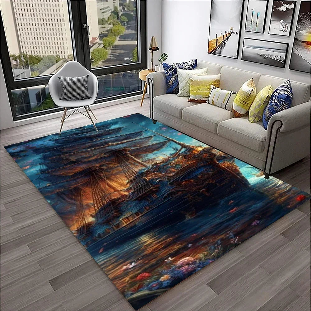 3D Pirate Ship Boat,Sailboat,Barque Carpet Rug for Home Living Room Bedroom Sofa Doormat Decor,kids Area Rug Non-slip Floor Mat