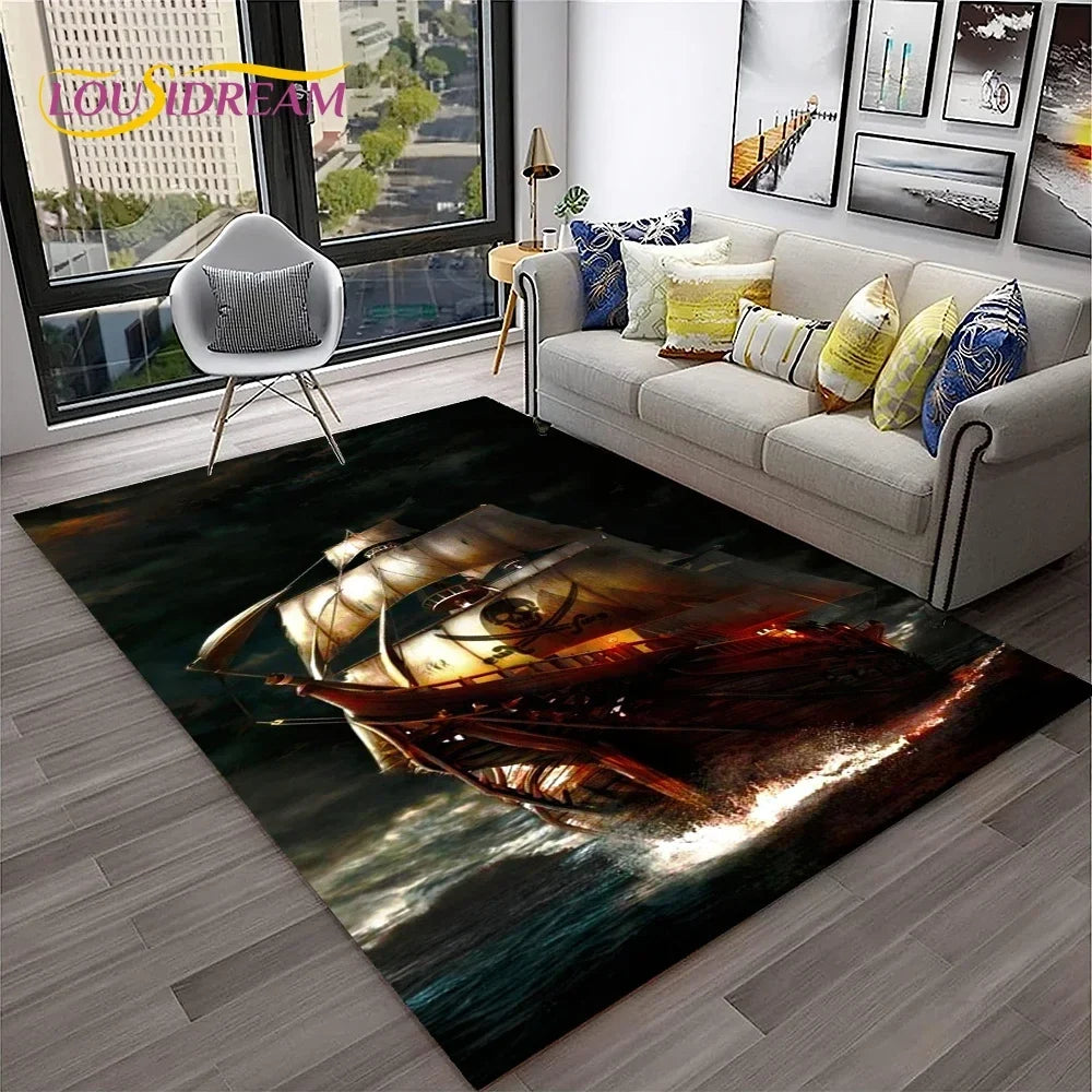 3D Pirate Ship Boat,Sailboat,Barque Carpet Rug for Home Living Room Bedroom Sofa Doormat Decor,kids Area Rug Non-slip Floor Mat