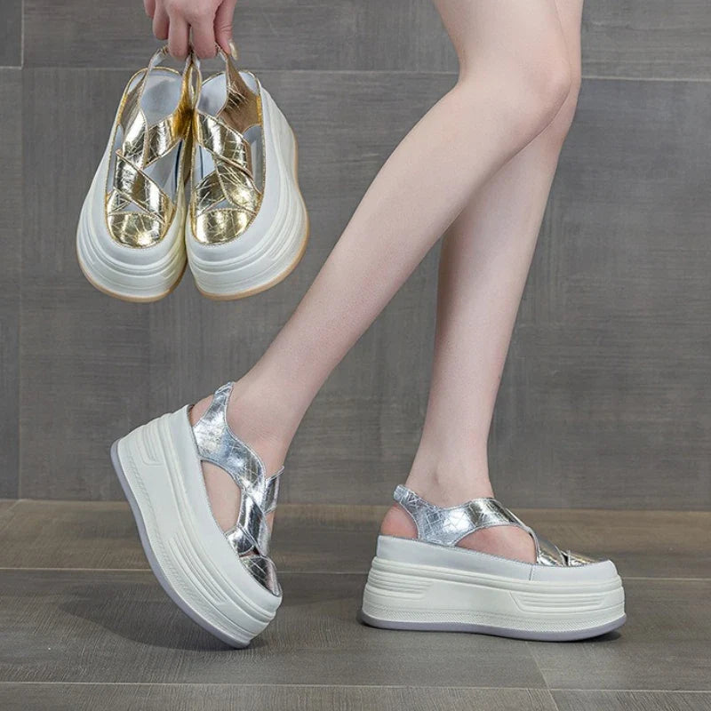 Fujin 8cm PU Patent Synthetic Microfiber Leather Chunky Sneakers Slippers Platform Wedge Sandals Slipper Flats Women Shoes