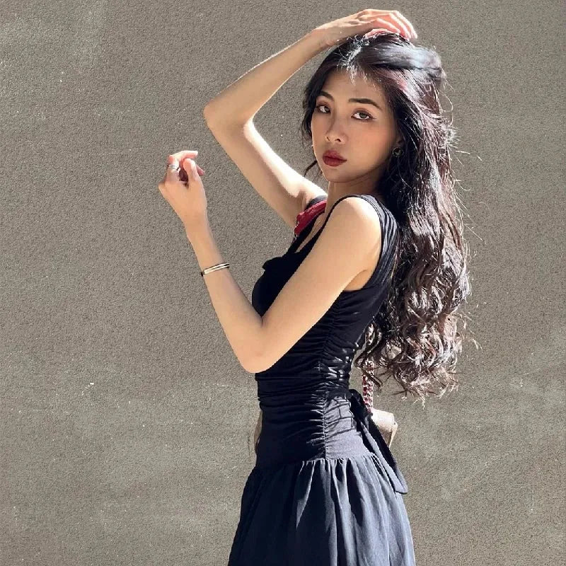 Ruched Bodycon Maxi Dress | Y2K Square Neck Slip Dress -femstylo