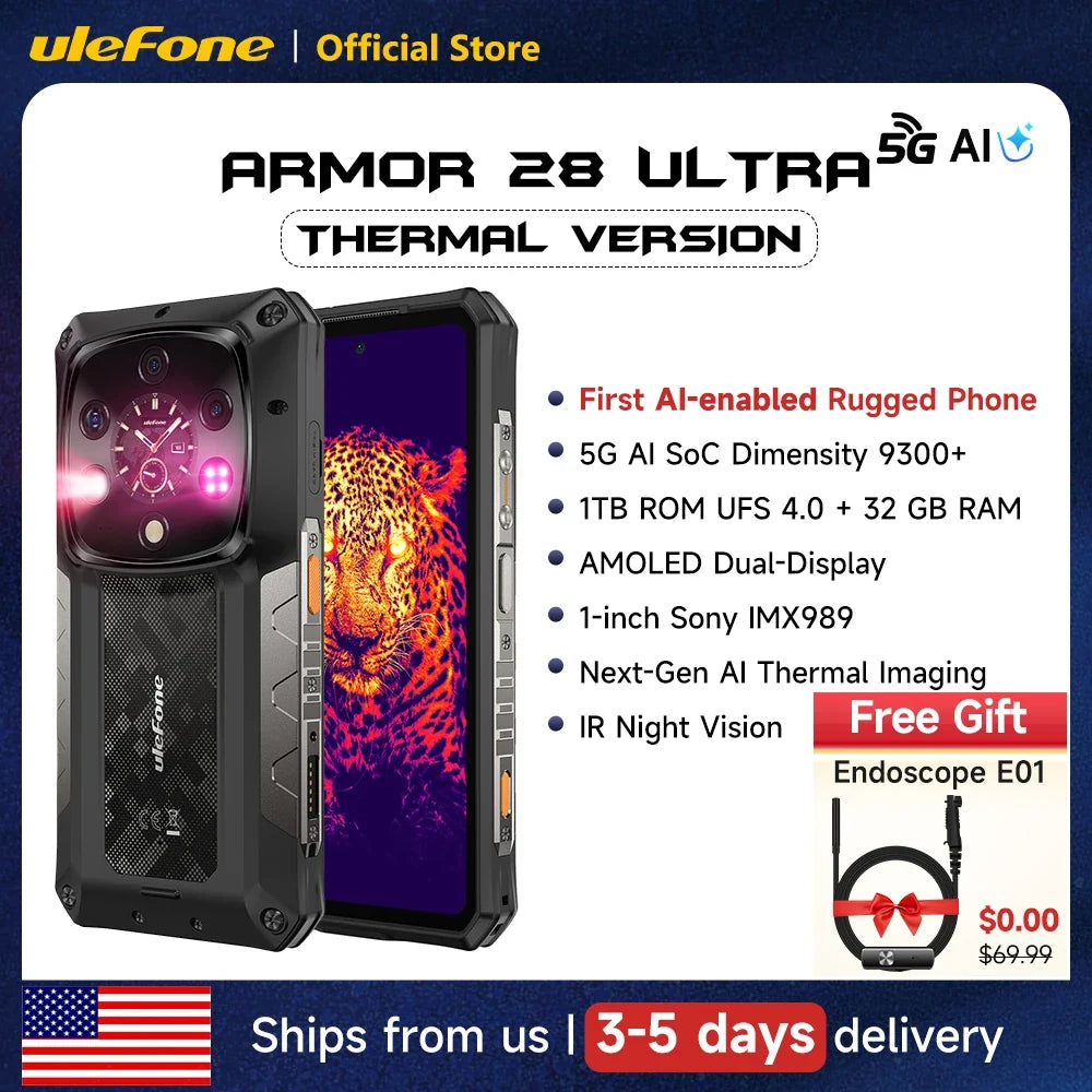 Ulefone Armor 28 Ultra 5G AI Thermal Imaging Rugged Phone 1TB ROM 32GB RAM Dimensity 9300+ Android AMOLED 6.67" Smartphone