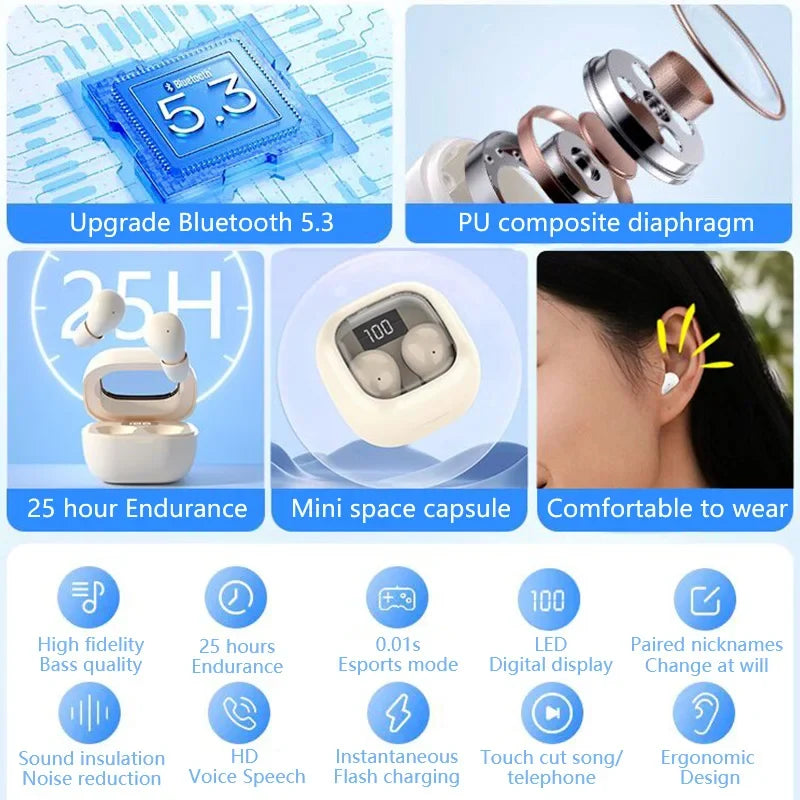 SK Small Headphones Wireless Bluetooth Headset Sport Sleeping Invisible Comfortable To Wear Bass Earbuds Earphone For All Phones