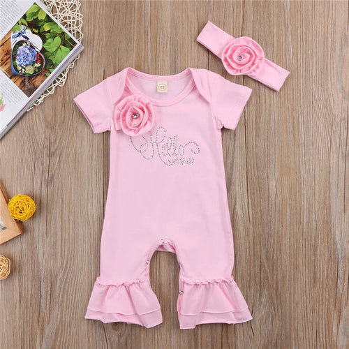 0-18months Baby Girls Romper with Headband Solid Pink Summer Short