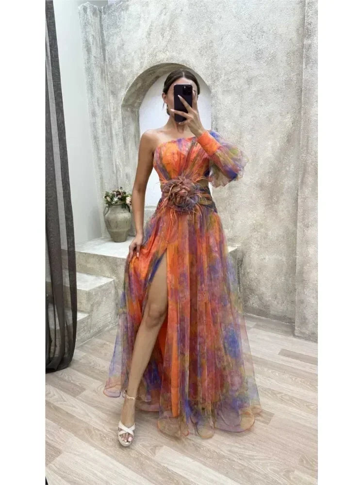 Elegant Oblique Shoulder Single-sleeve  Zipper High Slit Mesh Long Dress For Women Fashion Flower Decoration Party Dress Female