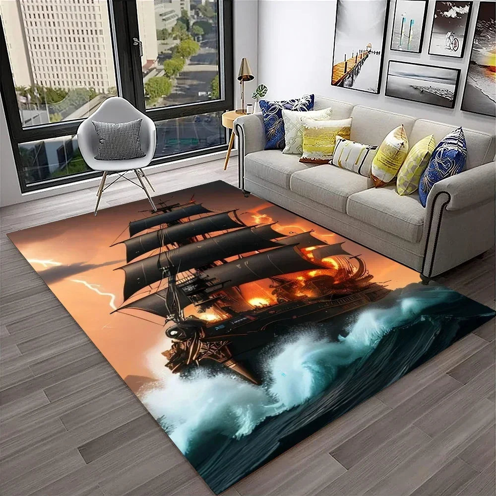 3D Pirate Ship Boat,Sailboat,Barque Carpet Rug for Home Living Room Bedroom Sofa Doormat Decor,kids Area Rug Non-slip Floor Mat