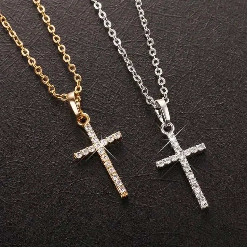 Luxury Zircon Cross Pendants Necklace Fashion Light Golden Silver Color for Men Women Jewelry Chain Accessory