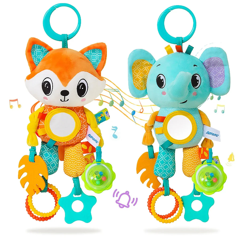 Soft Hanging Crinkle Squeaky Sensory LearningToy Stroller Car Seat Crib Travel Plush Animal Wind Chime with Teether Boys Girls