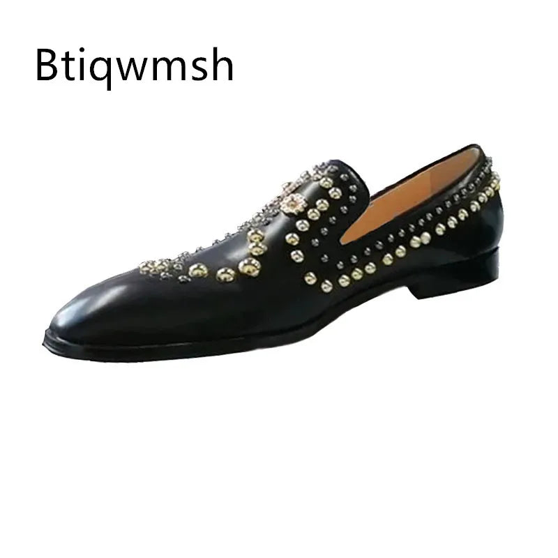 Gold Rivet Studded Shoes Man Pointed Toe Black Real Leather Hand-made Flats Male Fashion Party Shoes