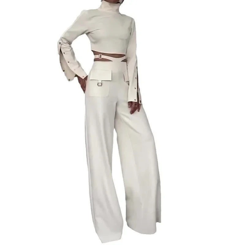 Women Pant Set Work Two Piece Sets Turtleneck Full Sleeve Tops Sexy Wide Leg Long Pants Loose Casual Elegant Matching Sets