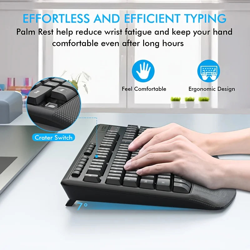 E-YOOSO 1 Set 2.4GHz Wireless Keyboard and Mouse Set,Ergonomic Wrist Rest, Optical Movement Detection,for Personal Computer