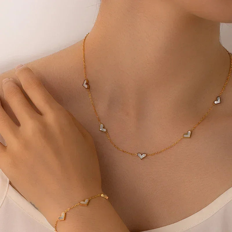 ANENJERY 316L Stainless Steel Heart Shell Necklace Bracelet Earrings For Women Girls Simple Fashion Jewelry Set Gifts Wholesale