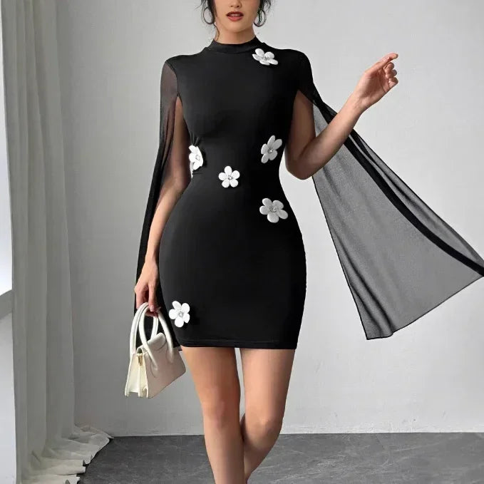 Elegant Cape-Sleeve Dress - 2025 Office Lady Pearl Chiffon Party Dress