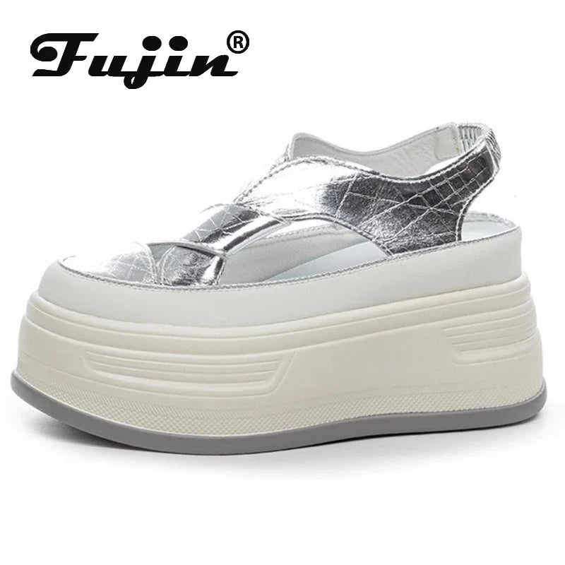Fujin 8cm PU Patent Synthetic Microfiber Leather Chunky Sneakers Slippers Platform Wedge Sandals Slipper Flats Women Shoes