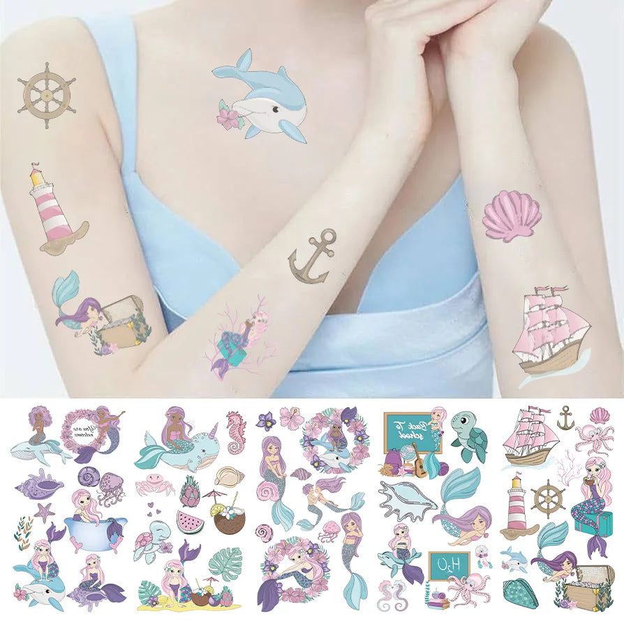 10Pcs New Cartoon Mermaid Temporary Tattoo Stickers Cute Whale Octopus Children Tattoo For Kids Funny Birthday Gift