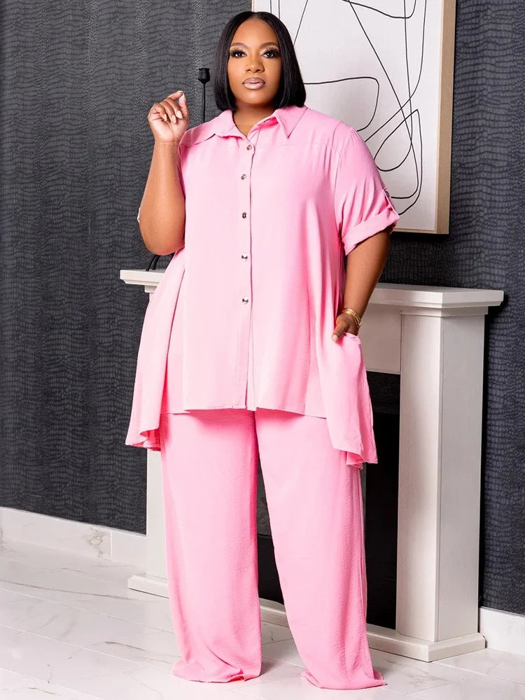 Wmstar Women Plus Size Two Piece Set 5XL Summer Casual Solid Button T Shirt Wide Leg Pants Female Outfits Wholesale Dropshipping