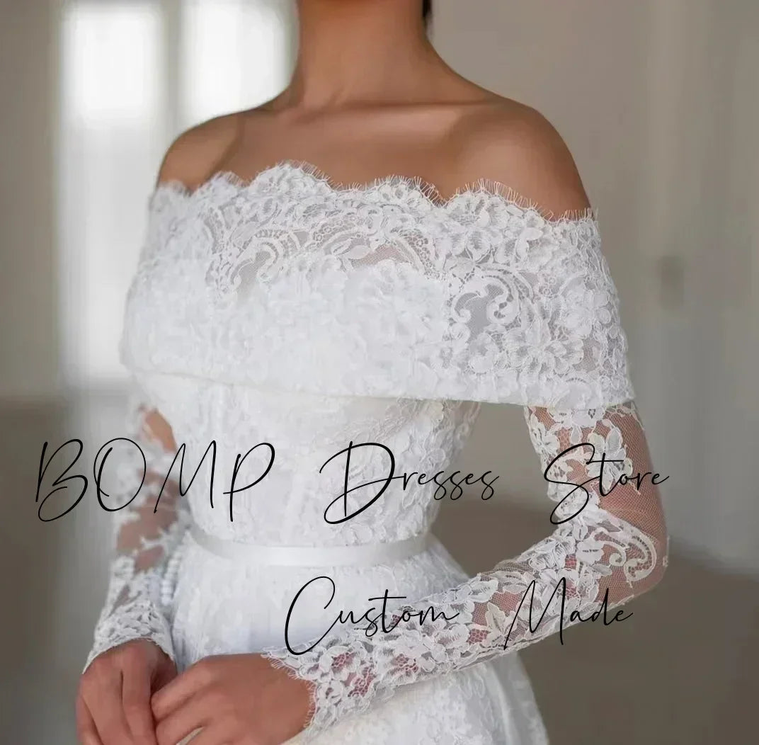 BOMP Elegant Lace Wedding Dress Sweetheart Off Shoulder Full Sleeves Sweep Train Ivory Bridal Gown Customized Robe De Mariée