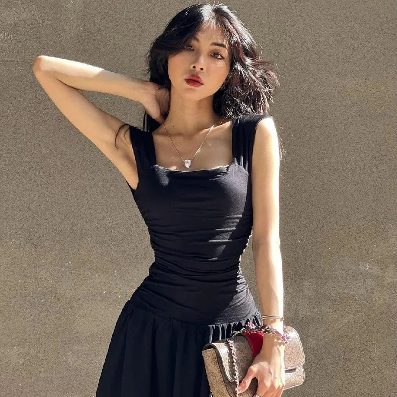 Ruched Bodycon Maxi Dress | Y2K Square Neck Slip Dress -femstylo