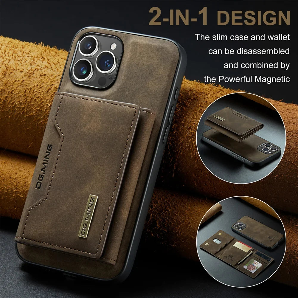2 In 1 Case For iPhone 16 15 14 13 12 11 Pro Max Plus XS Max XR 8 Plus SE 2022 Wallet Magnetic Leather Card Holder Pocket Cover