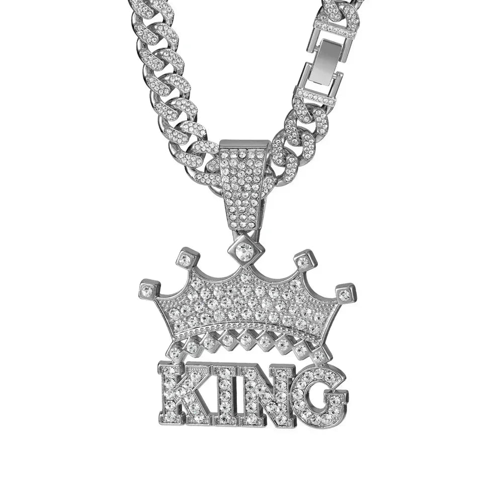 Men Hip Hop Crown with King Pendant Necklace with 13mm Crystal Cuban Chain HipHop Iced Out Bling Necklaces Fashion Charm Jewelry
