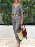 2 Piece Sets Women Outfit Women Suits Gray V-Neck Short Sleeve Tops