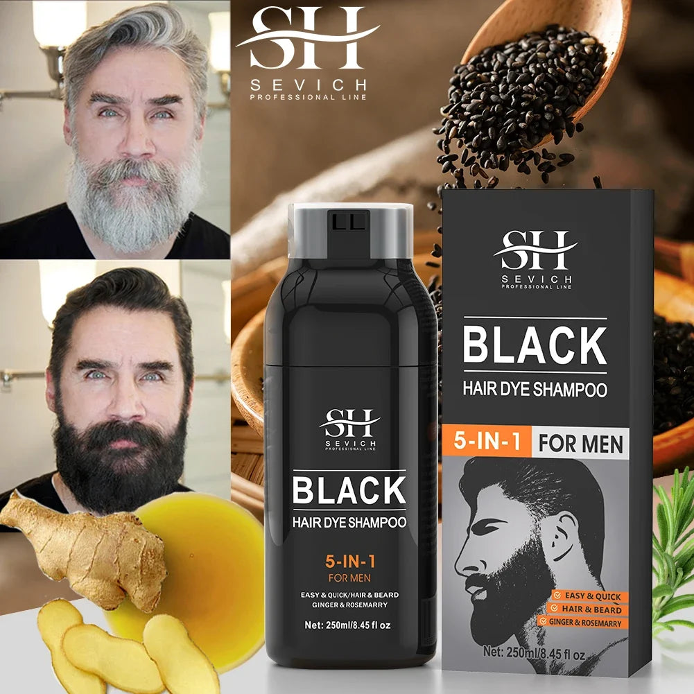 250ml Natural Black Hair Shampoo 5in1 Darkening Hairs Instant Gray To Black Shampoo Repair White Hair Care Black Beard Shampoo