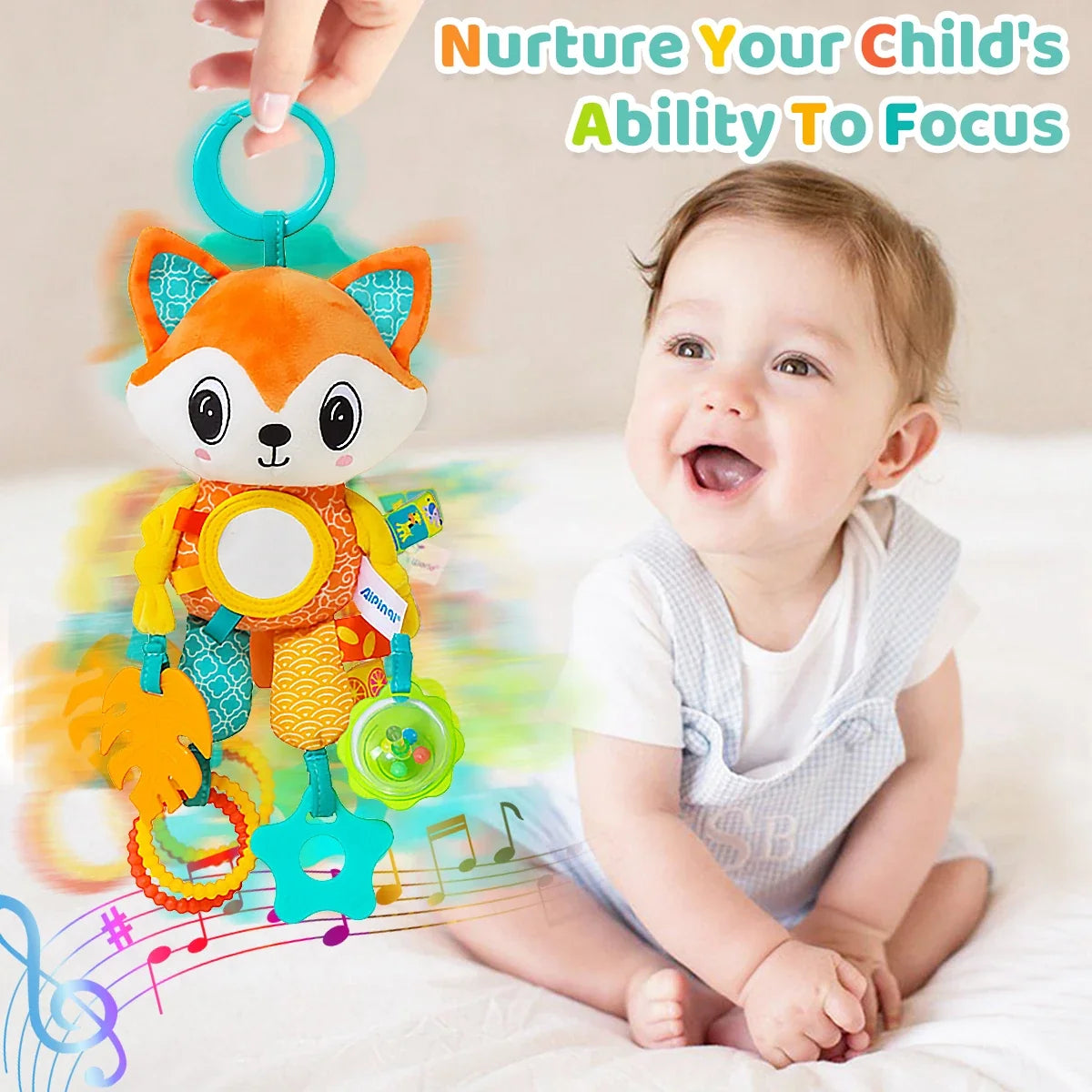 Soft Hanging Crinkle Squeaky Sensory LearningToy Stroller Car Seat Crib Travel Plush Animal Wind Chime with Teether Boys Girls
