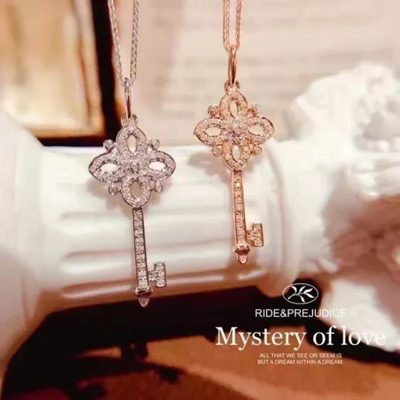 925 Sterling Silver Pave Crystal Vintage Key Pendant 14k Gold Plating Necklace Women Light Luxury Temperament Dress Jewelry