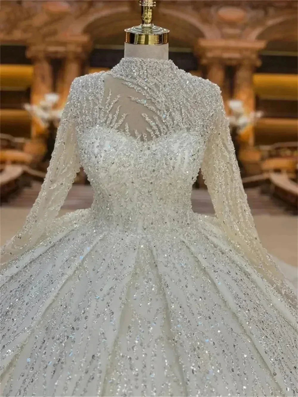 Custom High Neck Ball Gown Wedding Dress | Beaded Arabic Gown - Femstylo