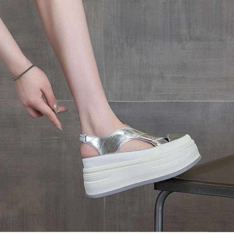 Fujin 8cm PU Patent Synthetic Microfiber Leather Chunky Sneakers Slippers Platform Wedge Sandals Slipper Flats Women Shoes