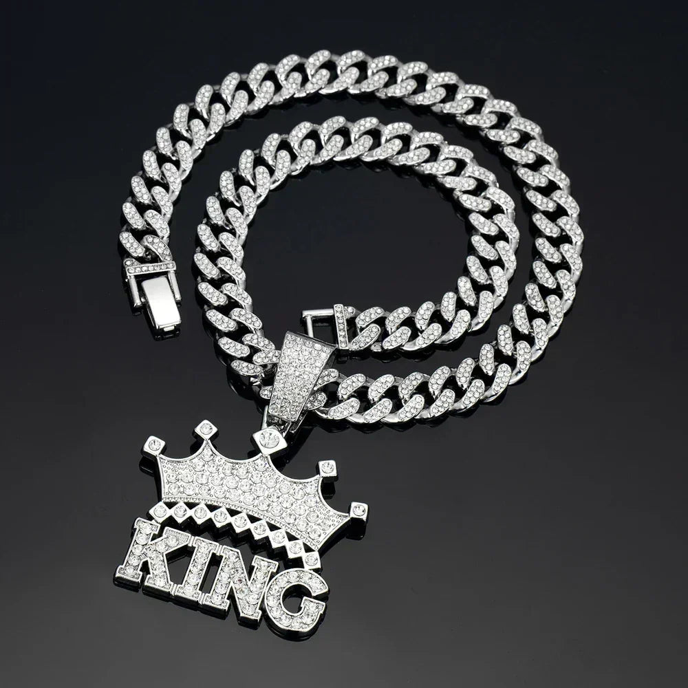 Men Hip Hop Crown with King Pendant Necklace with 13mm Crystal Cuban Chain HipHop Iced Out Bling Necklaces Fashion Charm Jewelry
