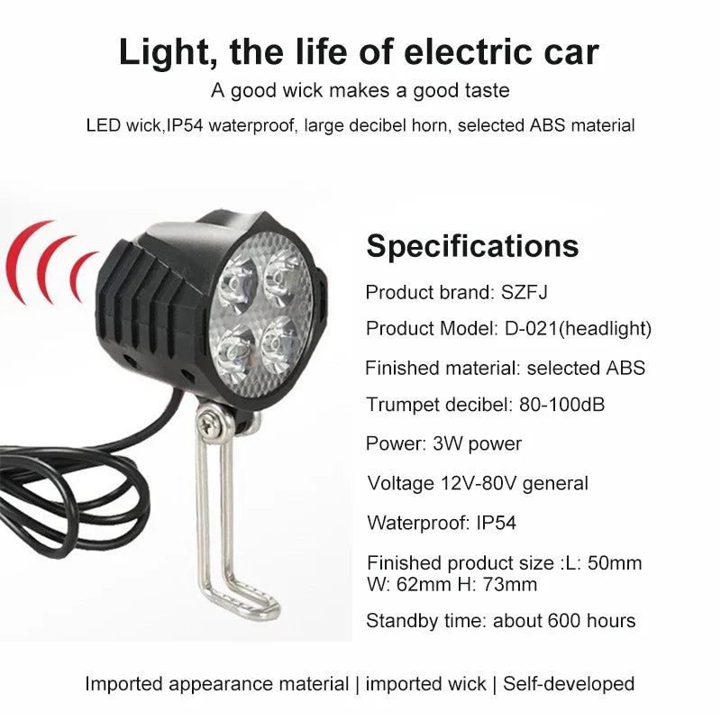NEW E-Bike 12V 24V 36V 48V 60V 72V Electric Bicycle Light with Horn Waterproof IPX4 Headlight Horn Set Front Headlight Horn Set