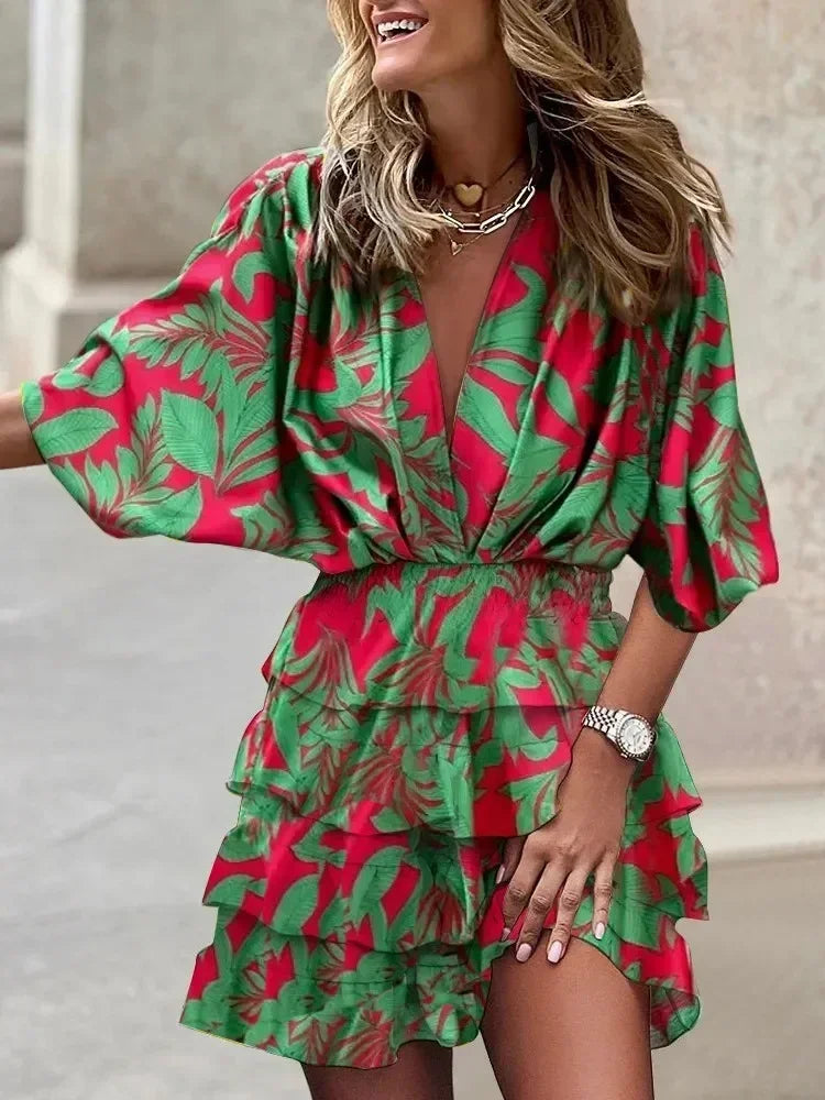 Women Fall V-Neck Loose Batwing Hafl Sleeve Print Dress Fashion Elegant Lace-up Ruffle Beach Mini Dresses Casual Streetwear 2024