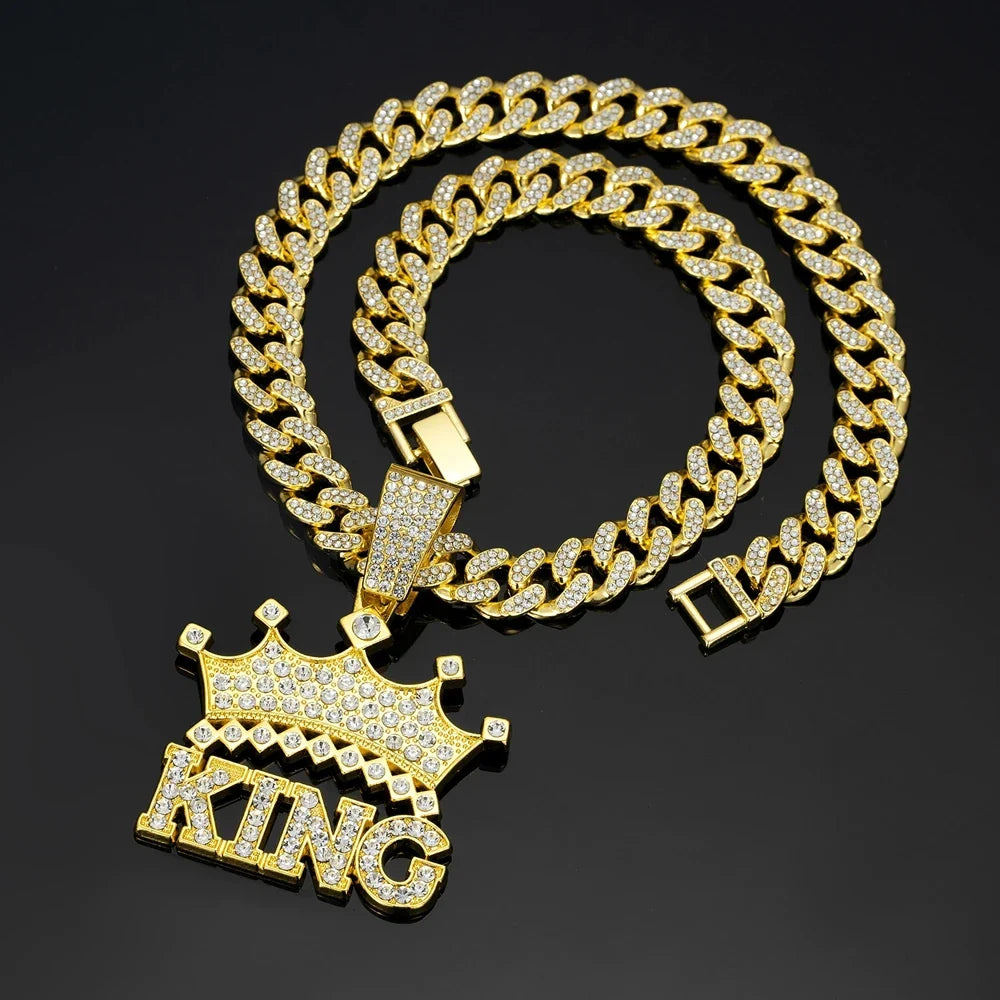Men Hip Hop Crown with King Pendant Necklace with 13mm Crystal Cuban Chain HipHop Iced Out Bling Necklaces Fashion Charm Jewelry
