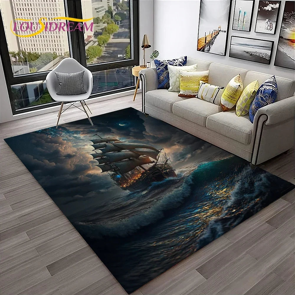 3D Pirate Ship Boat,Sailboat,Barque Carpet Rug for Home Living Room Bedroom Sofa Doormat Decor,kids Area Rug Non-slip Floor Mat
