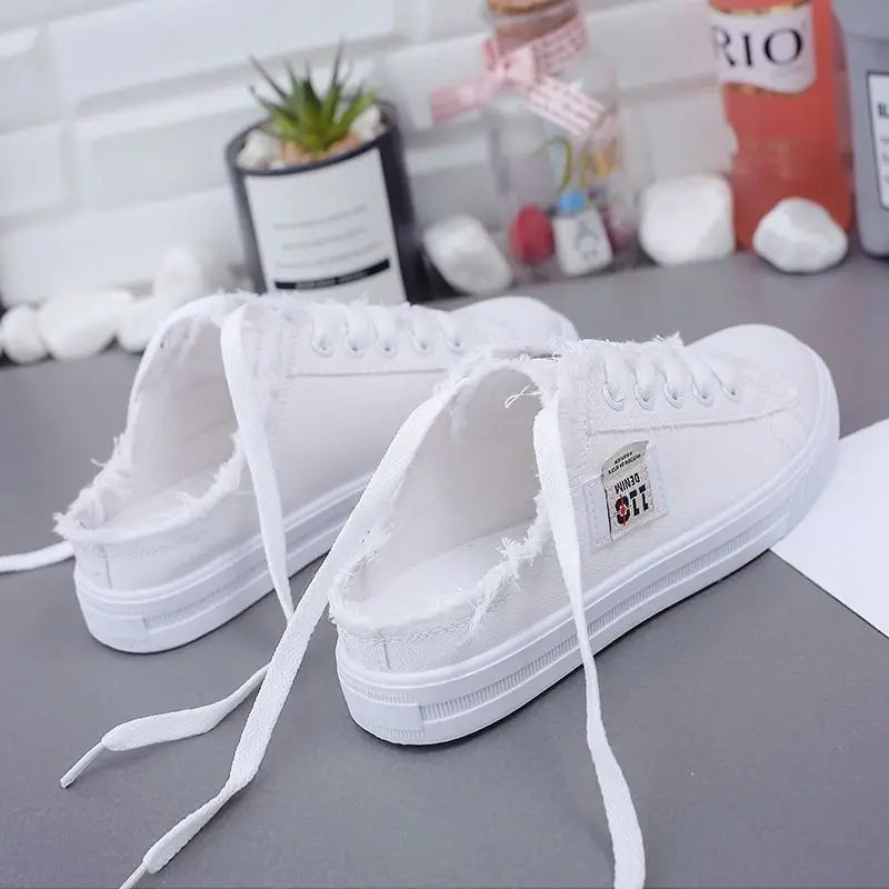 New 2024 Spring Summer Women Canvas Shoes Flat Sneakers Women Casual Shoes Low Upper Lace Up White Shoes