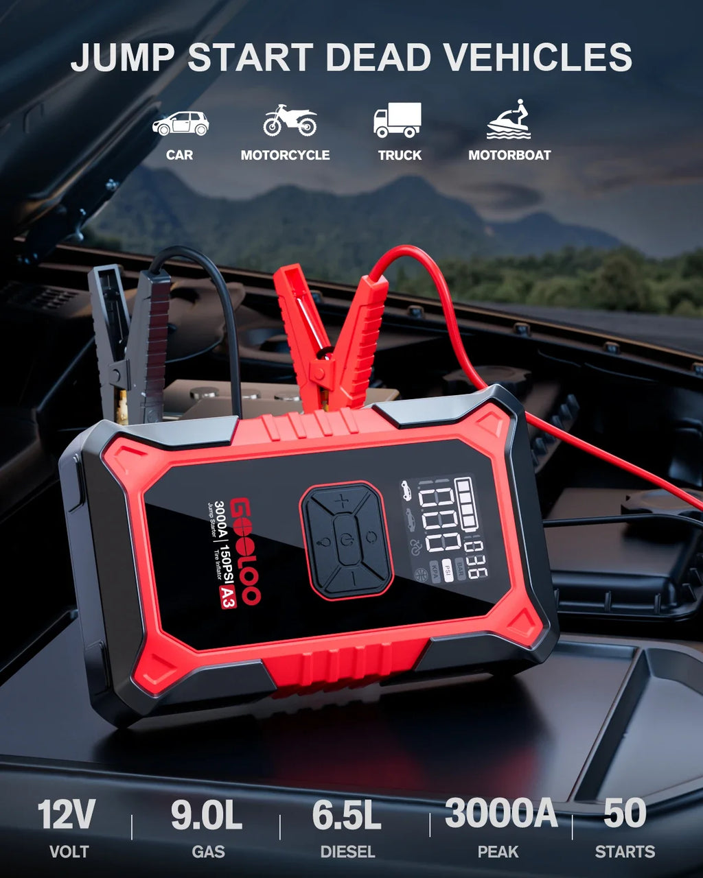GOOLOO A3 Jump Starter with Air Compressor, 3000A Portable Car Battery Booster (9.0 Gas/6.5L Diesel) with 150PSI Auto-Shutoff Ti