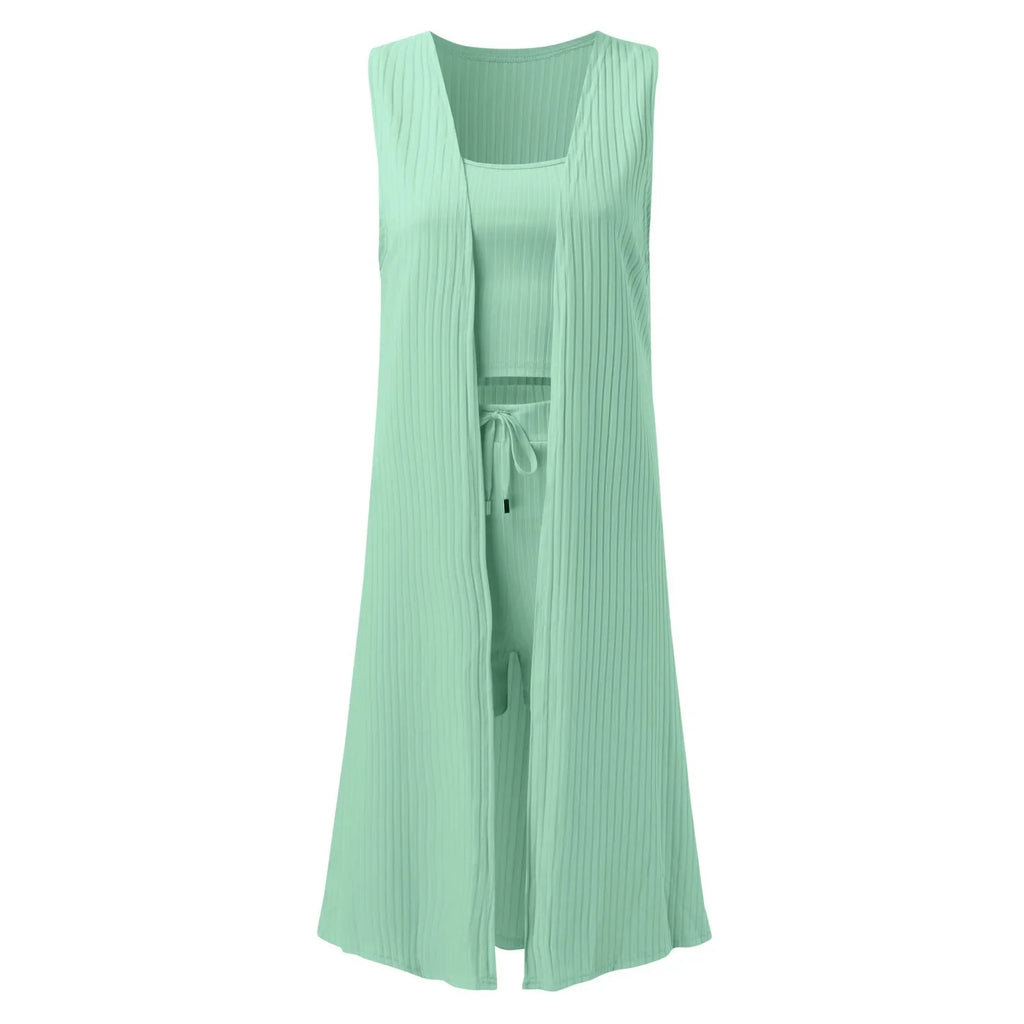 Solid Color 3 Piece Pants Set Women Fashion Casual Stretchy Wear Ladies Ribbed Casual Sleeveless Coat Vest And Shorts Suits