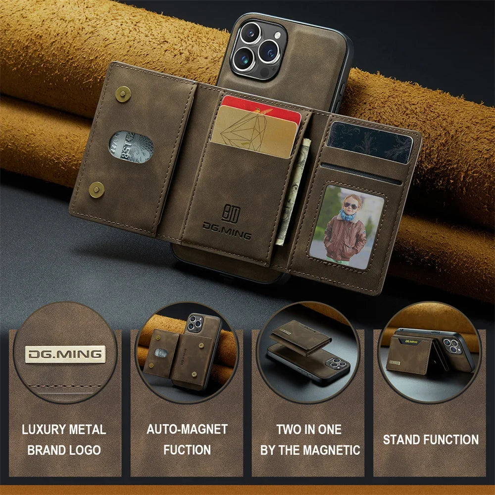 2 In 1 Case For iPhone 16 15 14 13 12 11 Pro Max Plus XS Max XR 8 Plus SE 2022 Wallet Magnetic Leather Card Holder Pocket Cover