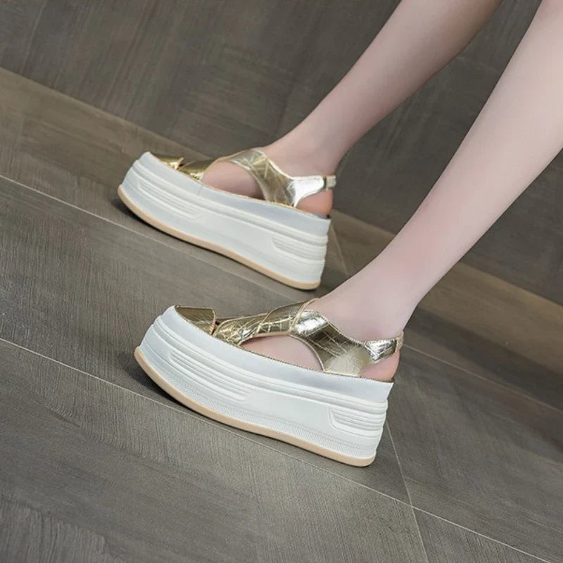 Fujin 8cm PU Patent Synthetic Microfiber Leather Chunky Sneakers Slippers Platform Wedge Sandals Slipper Flats Women Shoes