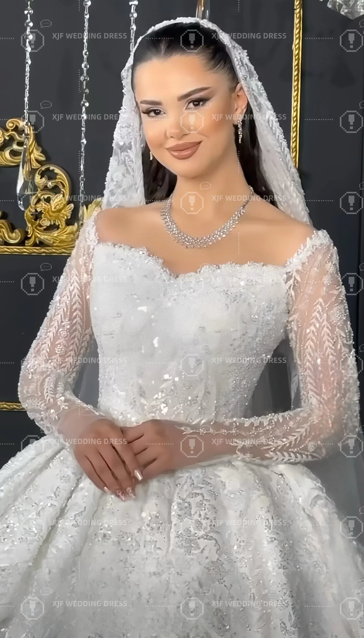 Noble Long Sleeve Beaded Wedding Dress | Ball Gown -femstylo