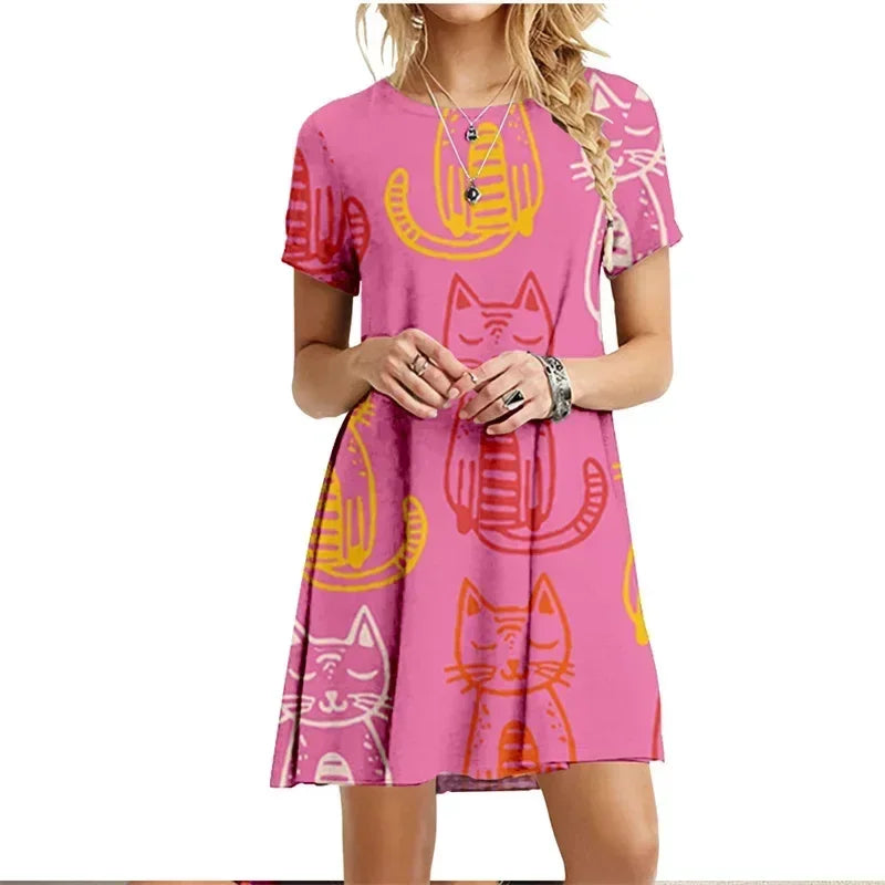 Painted Patters Cats Print Dress Short Sleeve Kawaii Women Dresses Summer For 2022 Fashion O-Neck Street Casual Loose Clothing