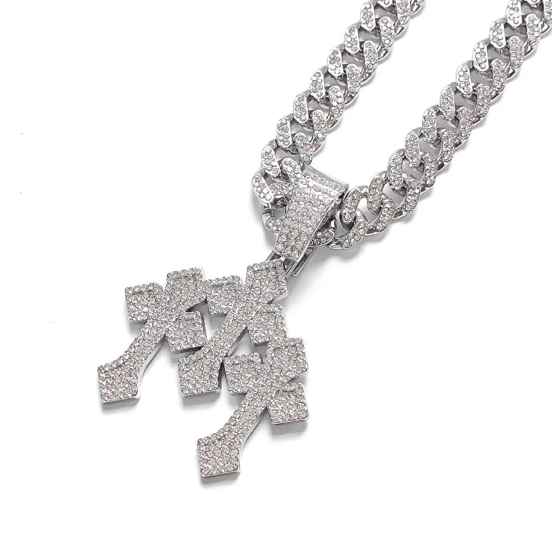 New Iced Out Stacked Crosses Pendant Necklaces for Men With 13mm Cuban Chain Hip Hop Cross Rhinestone Jewelry pendant Gift