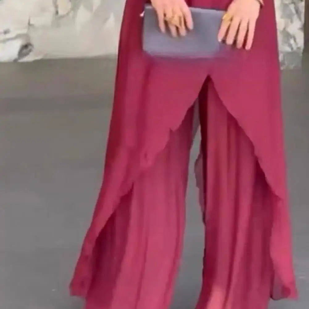 Women Two Piece Sets Pant Set Irregularity Round Neck Full Sleeve Tops Shirt Solid Splice Casual Loose Wide Leg Long Pants