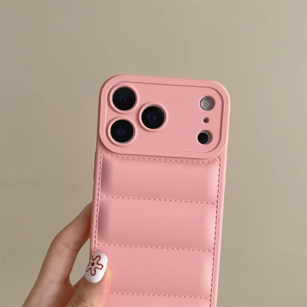 Soft Down Jacket Silicone Case For iPhone 17 16 15 14 13 12 11 Pro Max Plus Air Shockproof Camera Protection Wrist Strap Cover