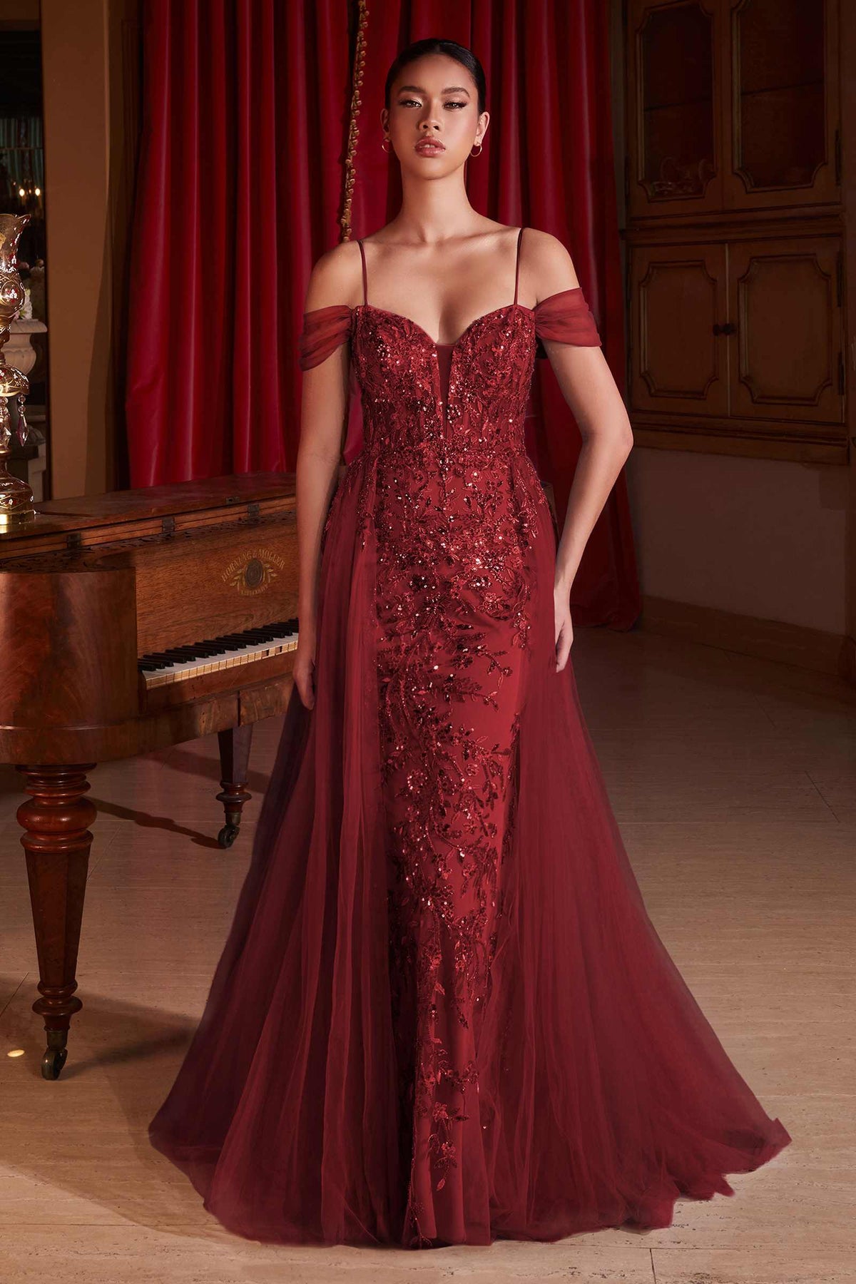 Ladivine SF009 Long Embellished Off The Shoulder Fitted Lace Gown