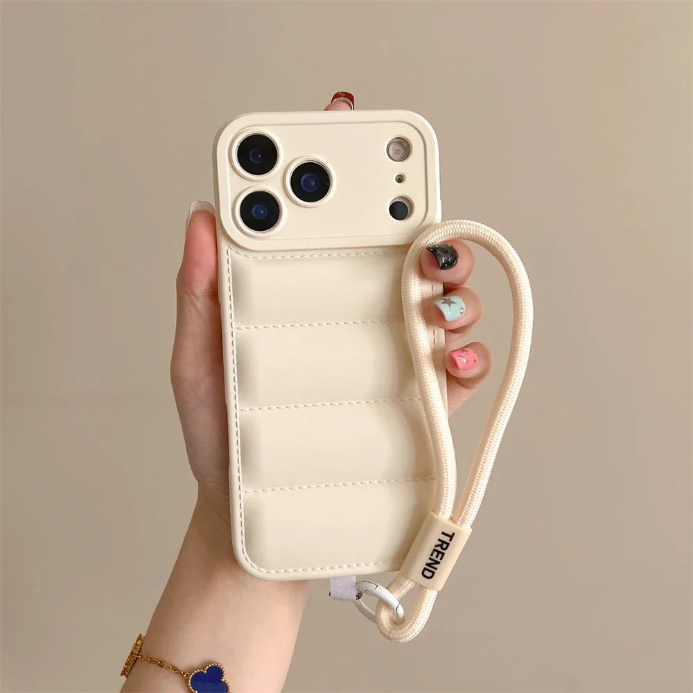 Soft Down Jacket Silicone Case For iPhone 17 16 15 14 13 12 11 Pro Max Plus Air Shockproof Camera Protection Wrist Strap Cover
