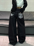 American High Street Cartoon Print Design Black Women's Loose Wide Leg Jeans Y2K Street Fashion Versatile Trousers