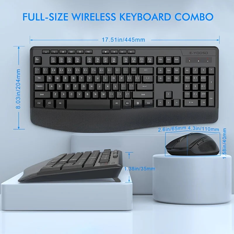 E-YOOSO 1 Set 2.4GHz Wireless Keyboard and Mouse Set,Ergonomic Wrist Rest, Optical Movement Detection,for Personal Computer
