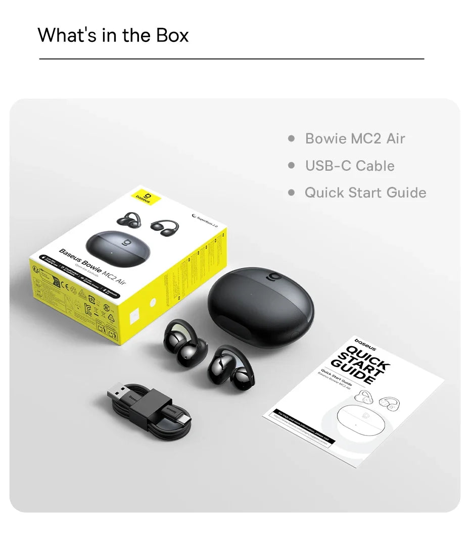 Baseus Bowie MC2 AIR Clip-on TWS Earbuds Ear Clips Wireless Earphones Bluetooth 6.0   Open Earrings 4 Mic ENC Sports Headphones